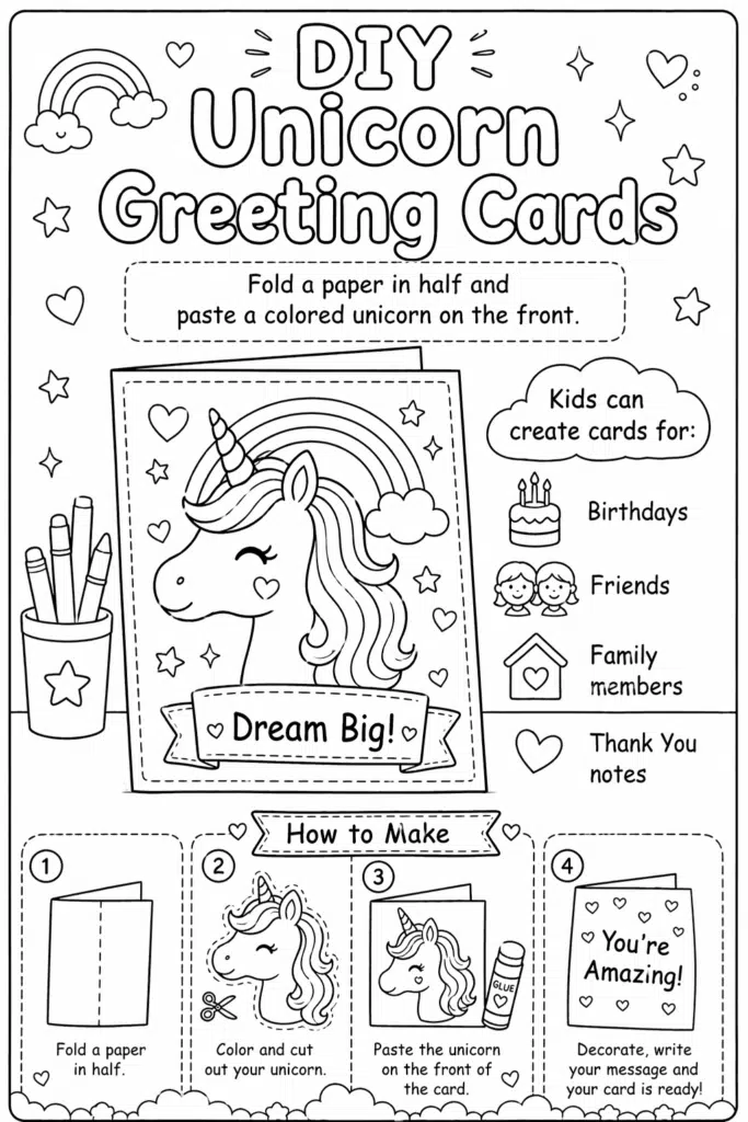 Black-and-white DIY unicorn greeting card coloring page with step-by-step instructions, cute unicorn illustration, and simple icons for kids.