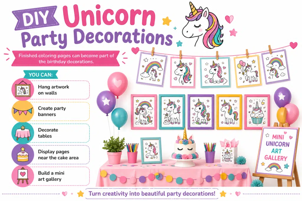 DIY unicorn party decorations infographic showing colored artwork used as wall decor, banners, table setup, and mini art gallery on a white background.