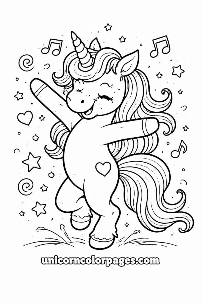 Dancing unicorn with stars and music notes coloring page