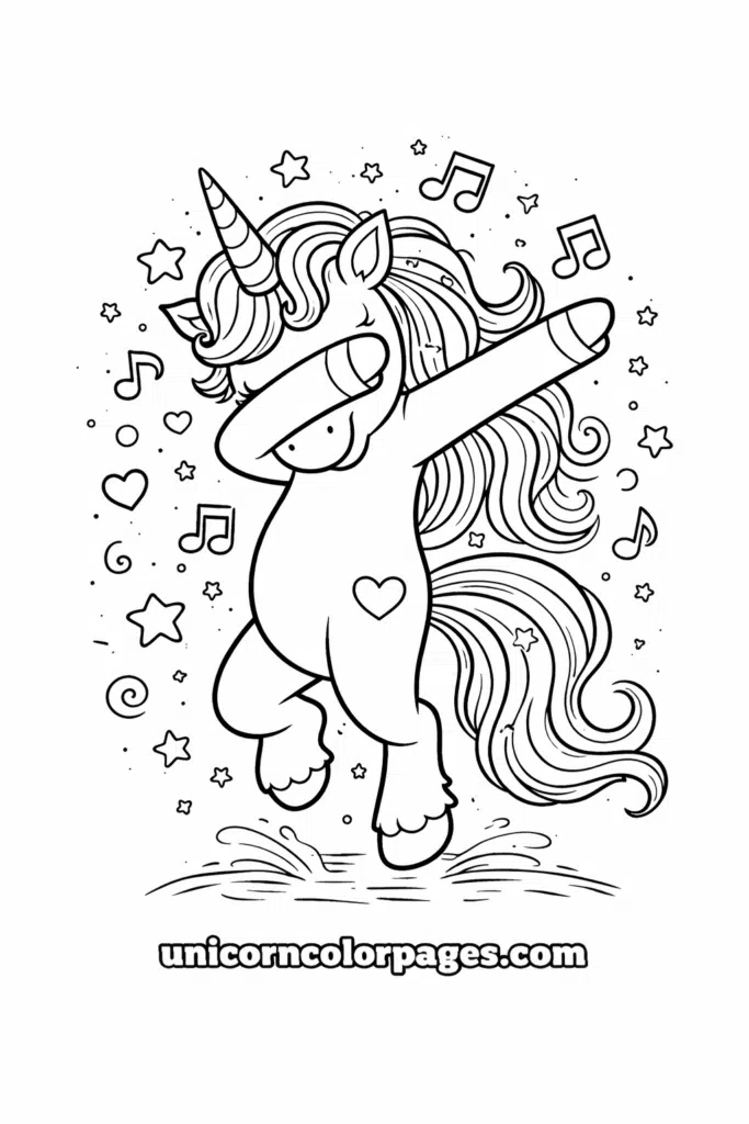 Dabbing unicorn dancing coloring page for kids