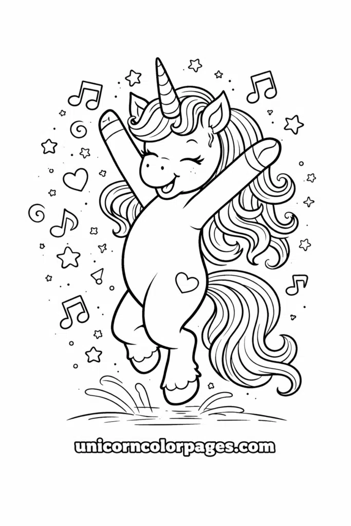Happy dancing unicorn with raised hooves coloring page