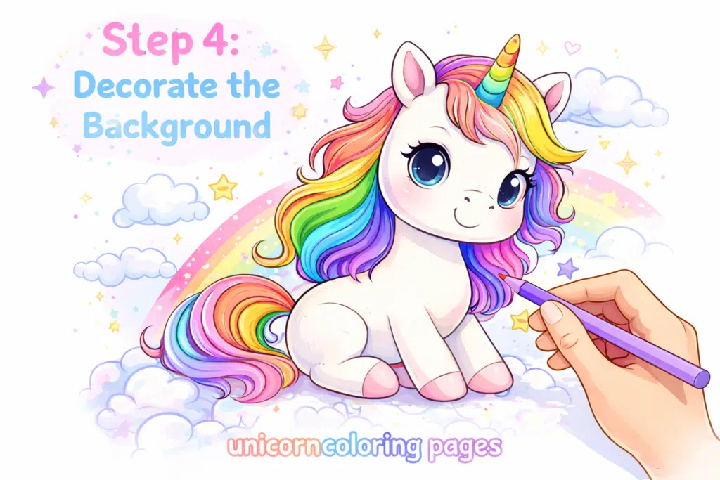 Unicorn with colorful background elements