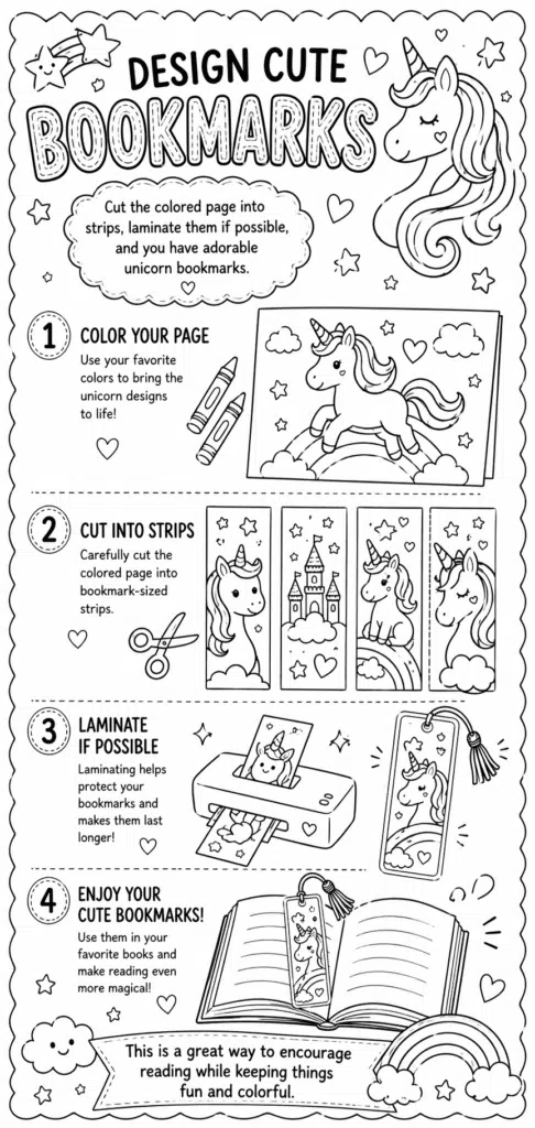 Unicorn bookmark DIY coloring page with step-by-step craft instructions