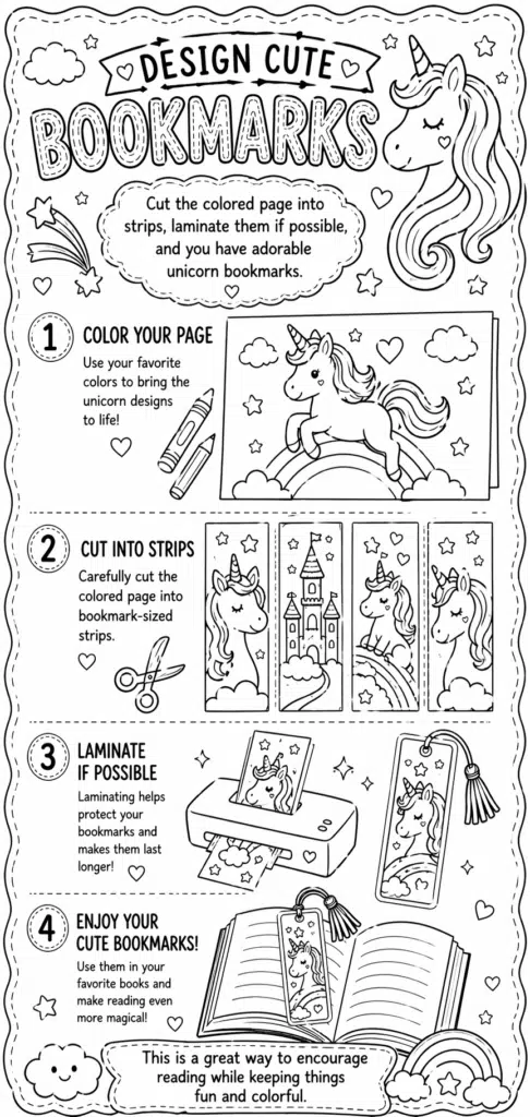 Cute unicorn bookmark craft coloring page with easy steps for kids