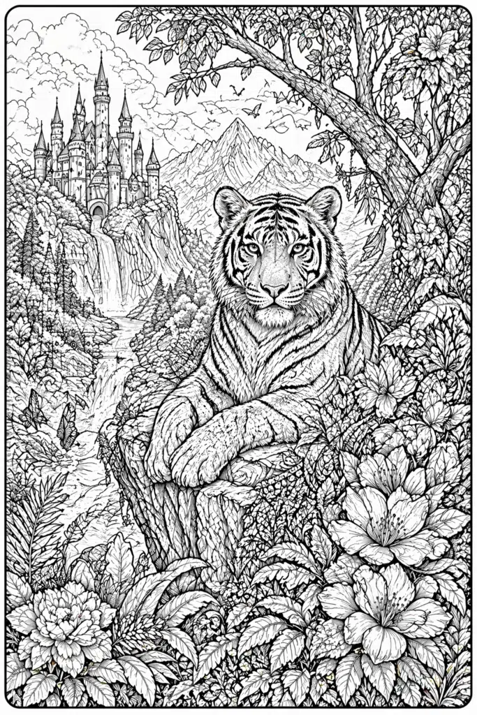 Detailed tiger coloring page with nature scene for older kids