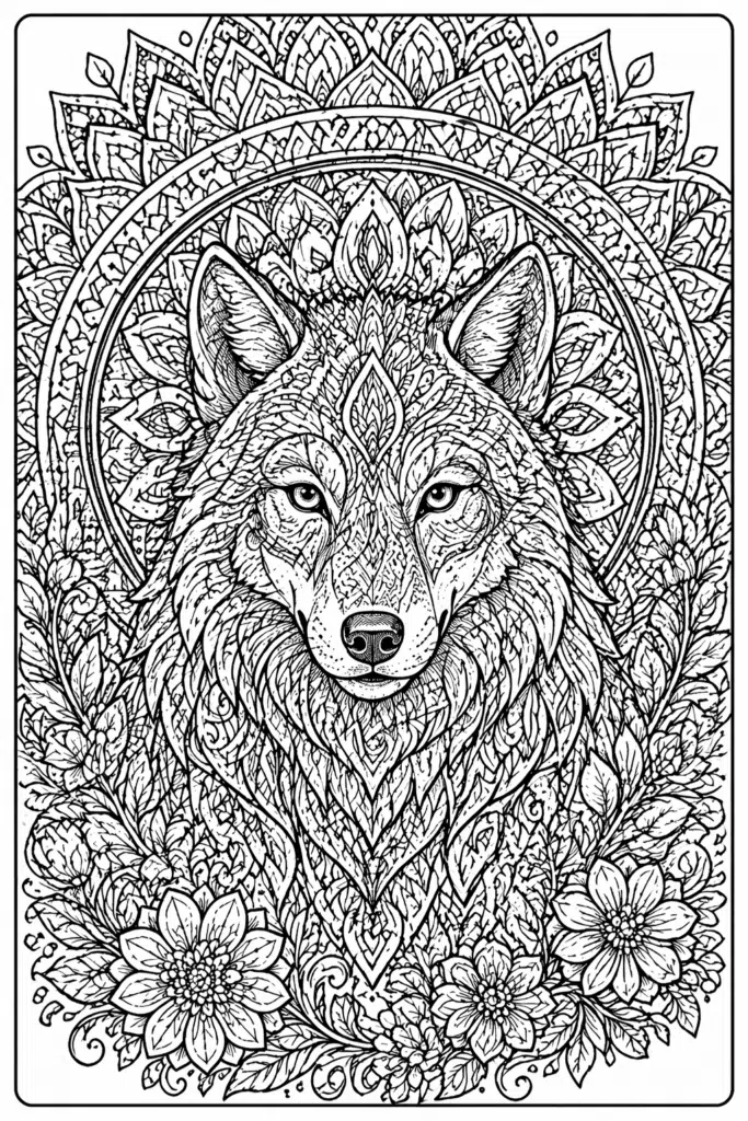 Intricate wolf mandala coloring page for older kids with detailed patterns