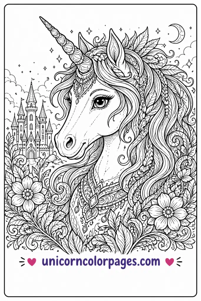 Detailed unicorn coloring page for older kids with intricate floral and fantasy design
