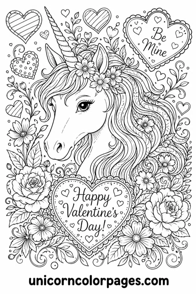 Detailed unicorn Valentine coloring page with flowers and hearts