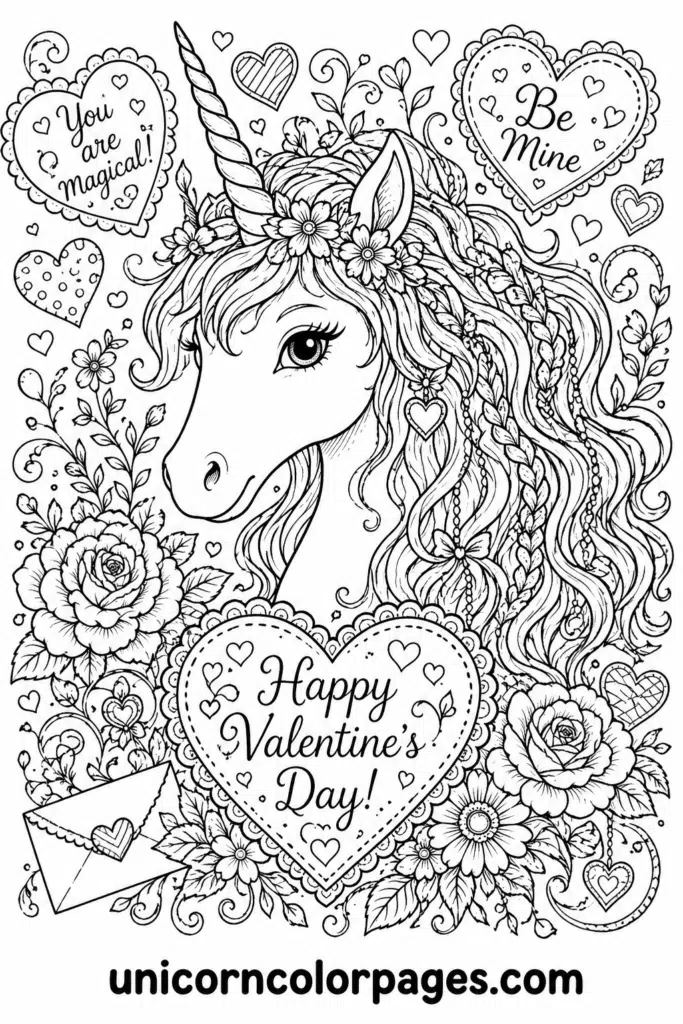 Intricate unicorn with braided mane and Valentine hearts coloring page