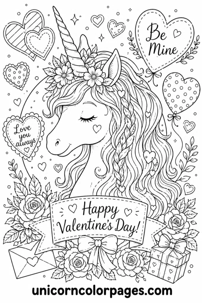 Cute unicorn Valentine coloring page with banner and gift box