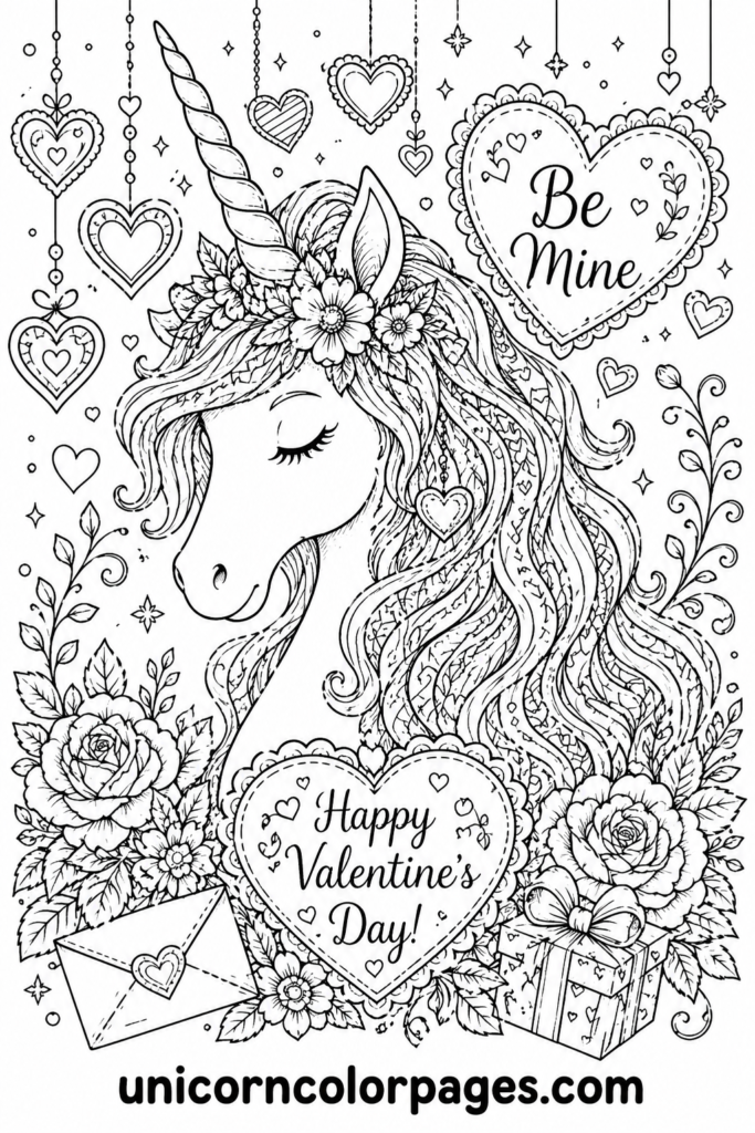 Elegant unicorn Valentine coloring page with detailed patterns and hearts