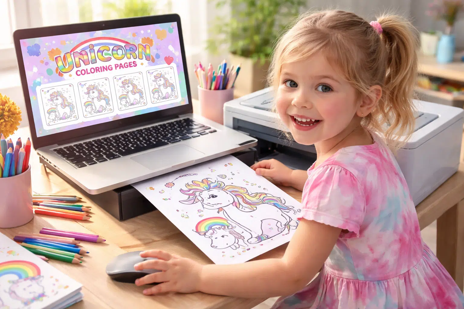 Little girl downloading and printing unicorn coloring pages at home with laptop and printer