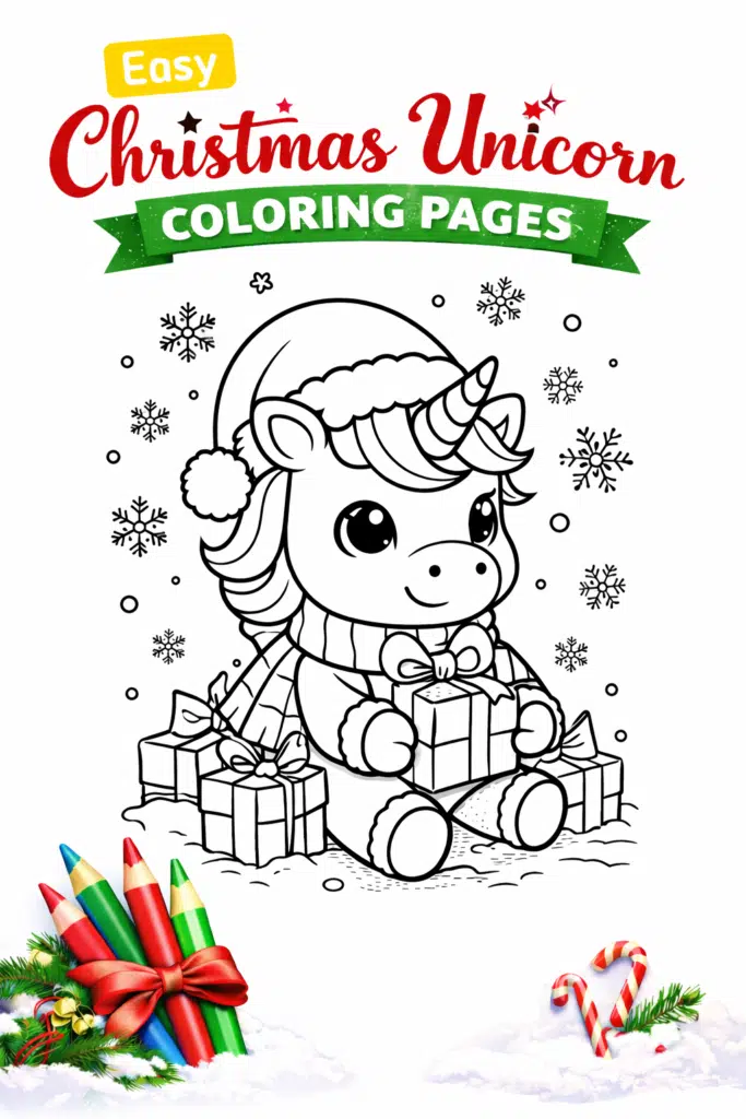 Cute Christmas unicorn coloring page cover with a baby unicorn in a Santa hat holding a gift, surrounded by presents and snowflakes.