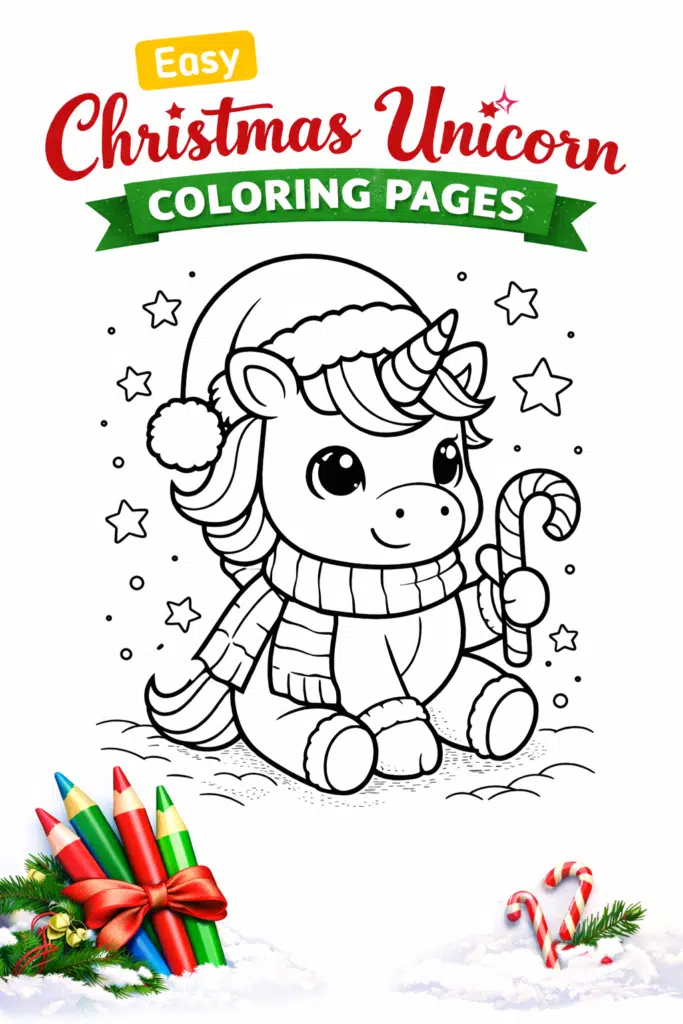 Easy Christmas unicorn coloring pages printable with cute unicorn holding candy cane