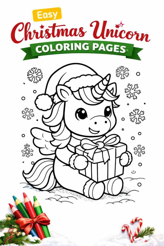 Easy Christmas unicorn coloring pages printable with cute baby unicorn holding gift