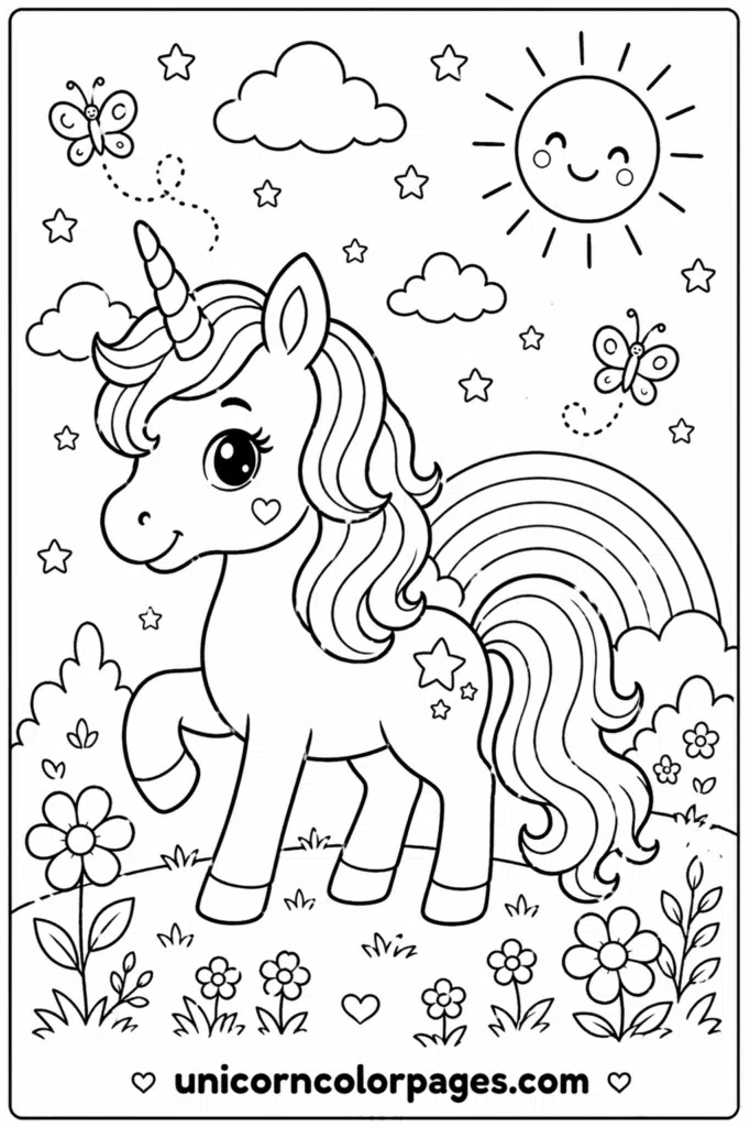 Easy unicorn coloring page with sun, butterflies, and nature