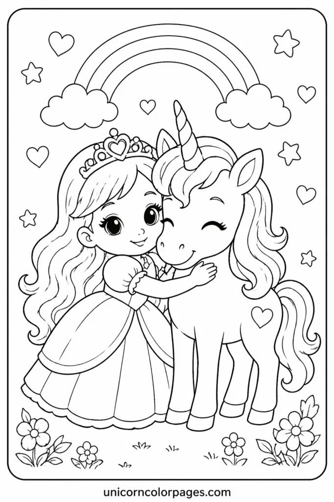 Easy princess hugging unicorn coloring page for kids.