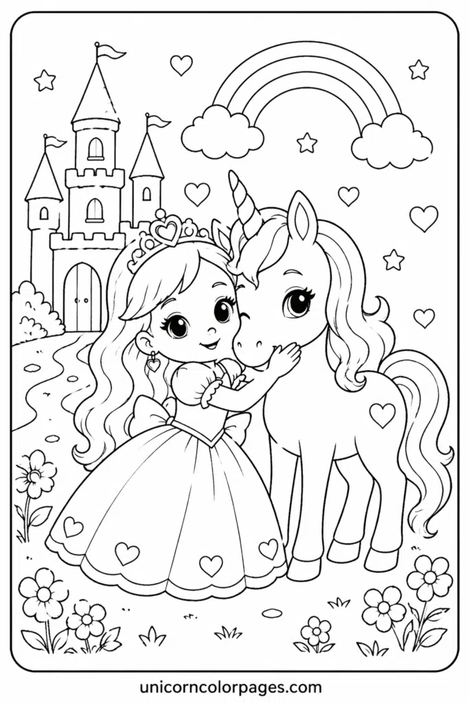 Princess and unicorn near castle coloring page for kids.