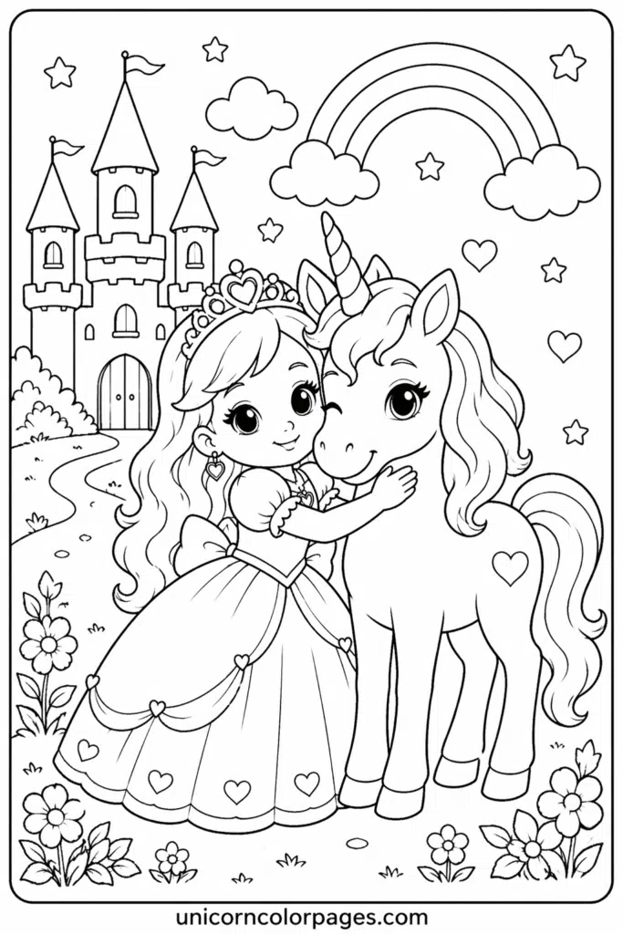 Easy unicorn and princess coloring sheet with castle scene.