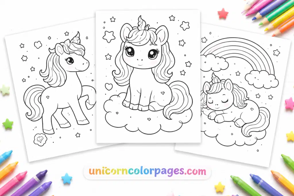 Easy unicorn coloring pages collection with three printable unicorn designs on white background