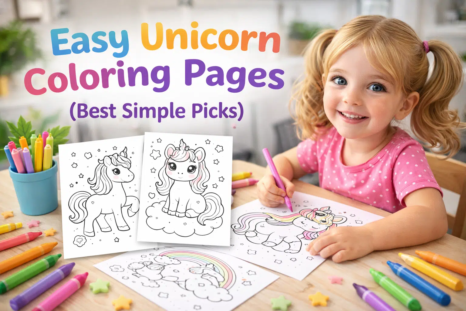 Baby girl coloring easy unicorn coloring pages at table with crayons (best simple picks)
