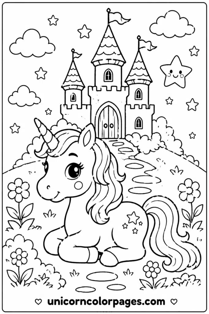 Toddler unicorn coloring page with castle and flowers scene