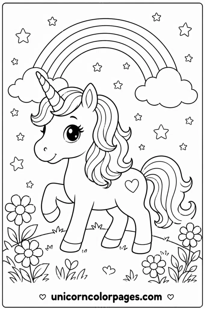 Easy unicorn coloring page for toddlers with rainbow, stars, and flowers