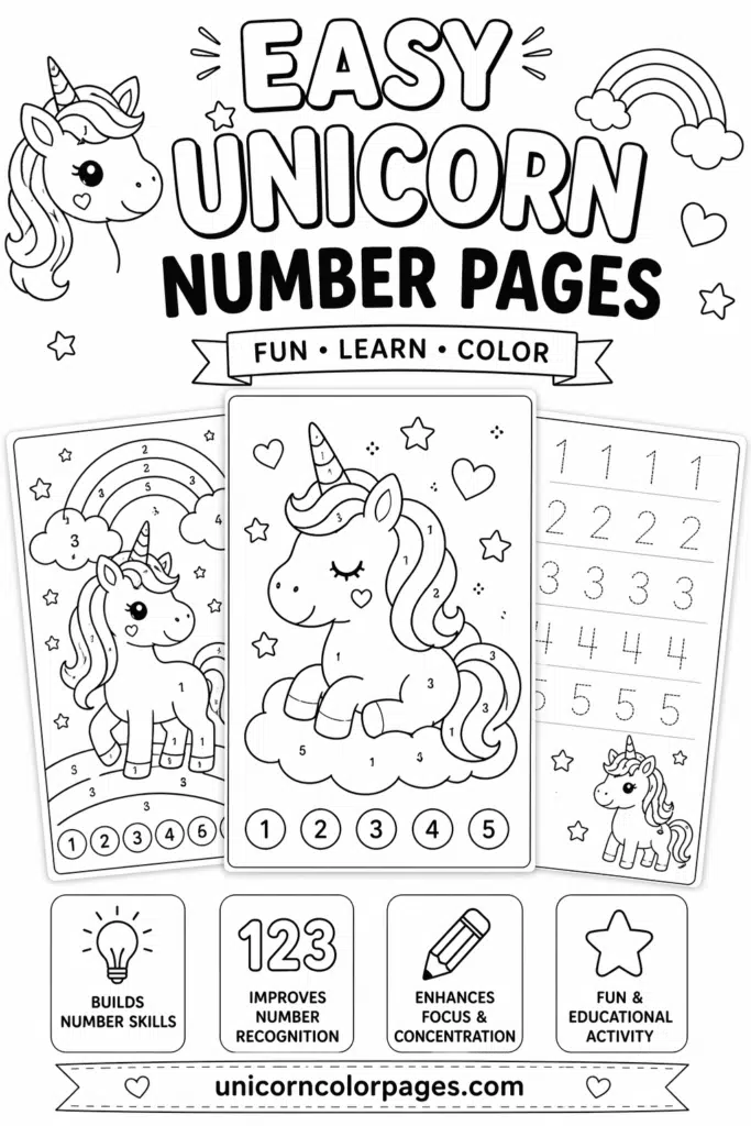 Easy unicorn number coloring pages black and white worksheet for kids with simple color-by-number design