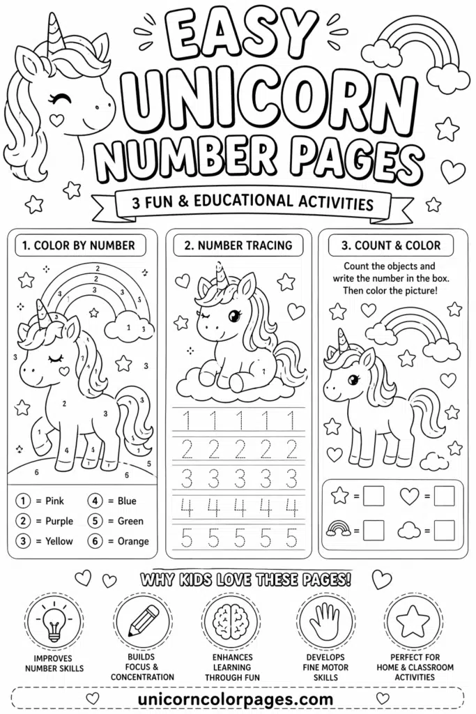 Unicorn number activity pages with color by number, tracing numbers, and counting worksheet for kids
