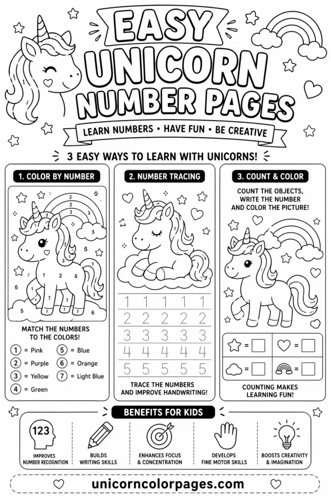 Easy unicorn number pages printable with coloring, tracing, and counting exercises for early learners