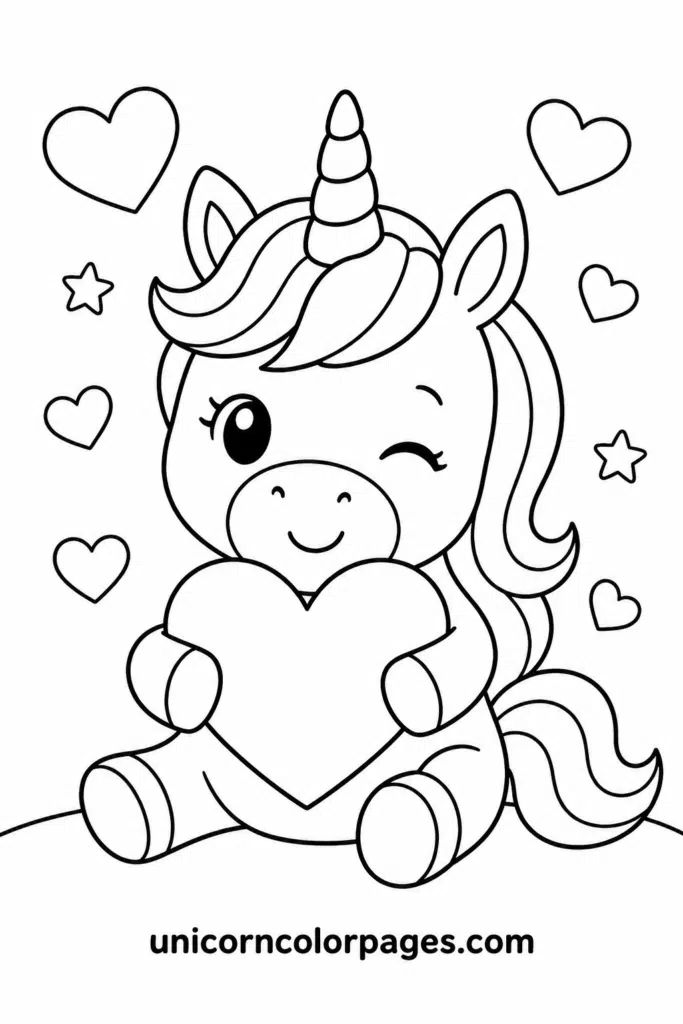 Cute unicorn holding a heart coloring page for toddlers