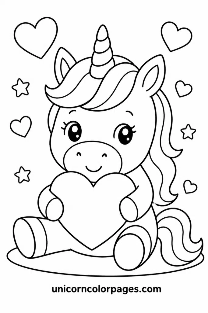 Easy unicorn with heart coloring page for kids