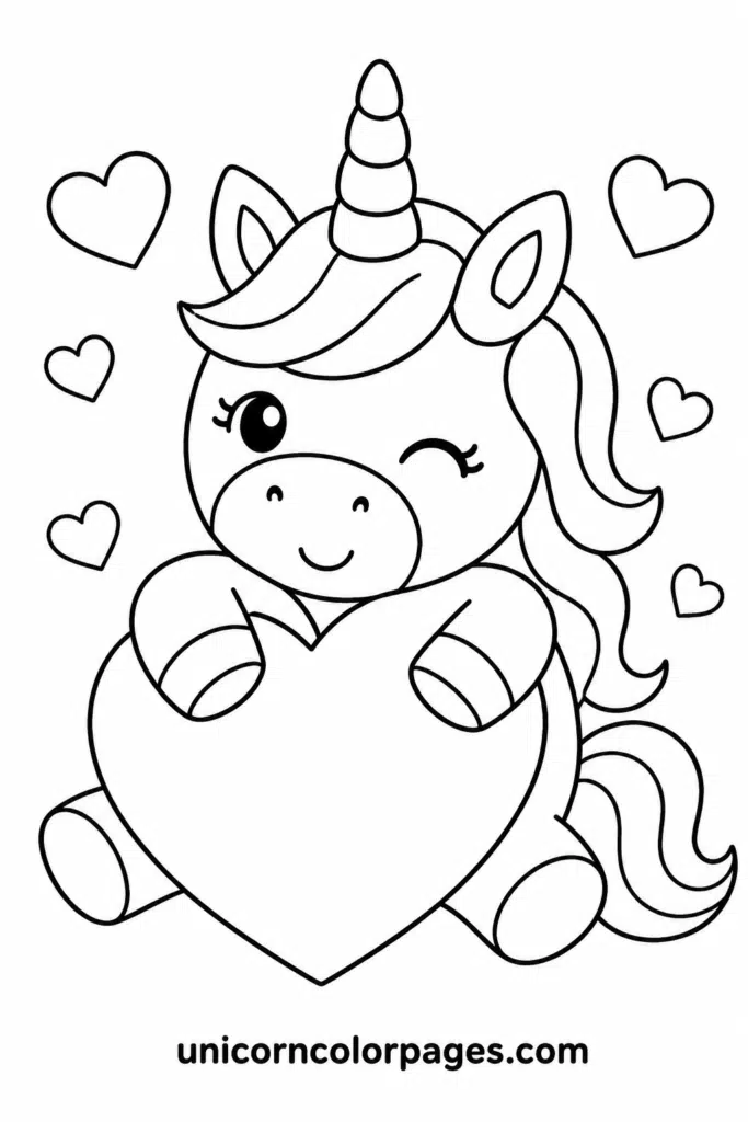 Chibi unicorn hugging heart coloring page