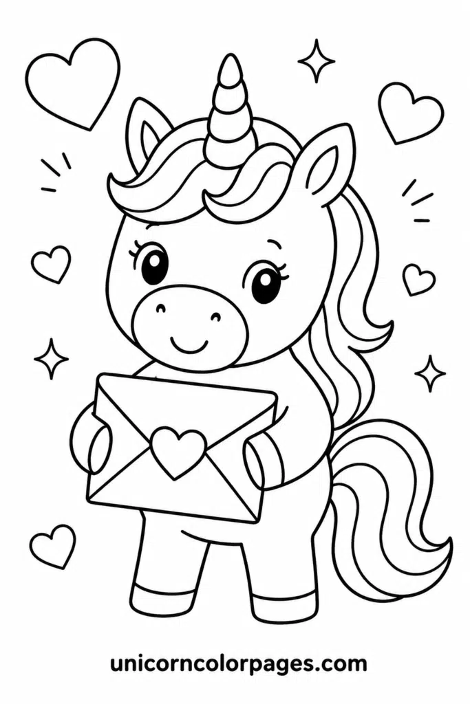 Unicorn holding Valentine envelope coloring page