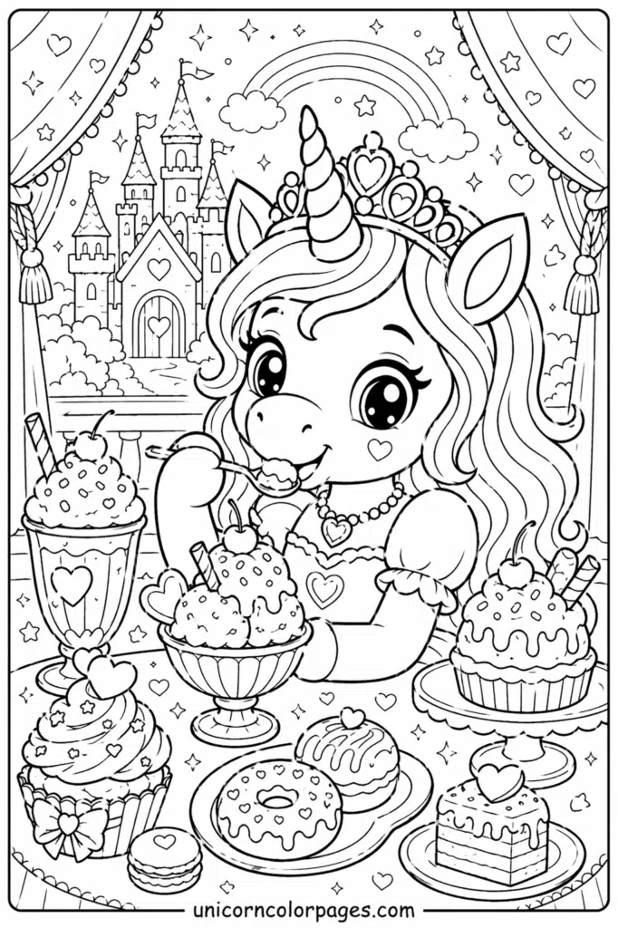 Cute unicorn princess eating ice cream with spoon, surrounded by desserts and castle background, black and white coloring page.
