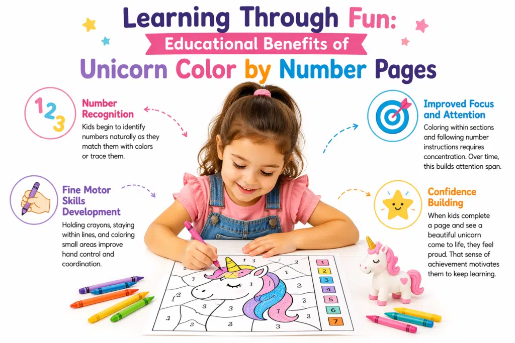Child coloring a unicorn color-by-number page with crayons, highlighting educational benefits like number recognition, focus, motor skills, and confidence on a white background