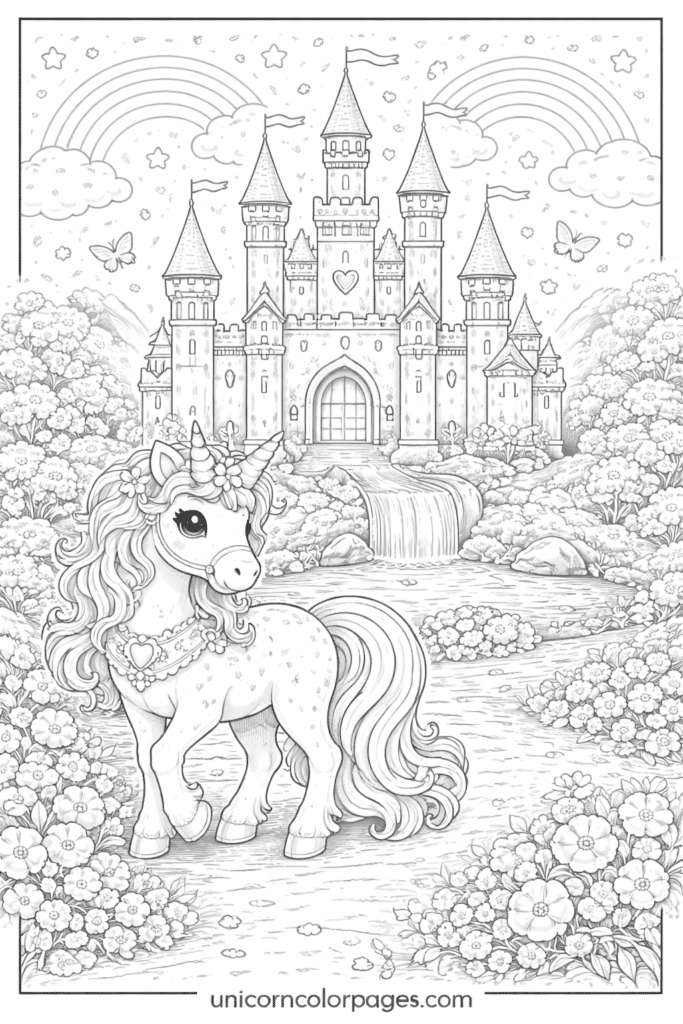 unicorn castle coloring page printable pdf magical unicorn with castle rainbow clouds and fantasy landscape for kids