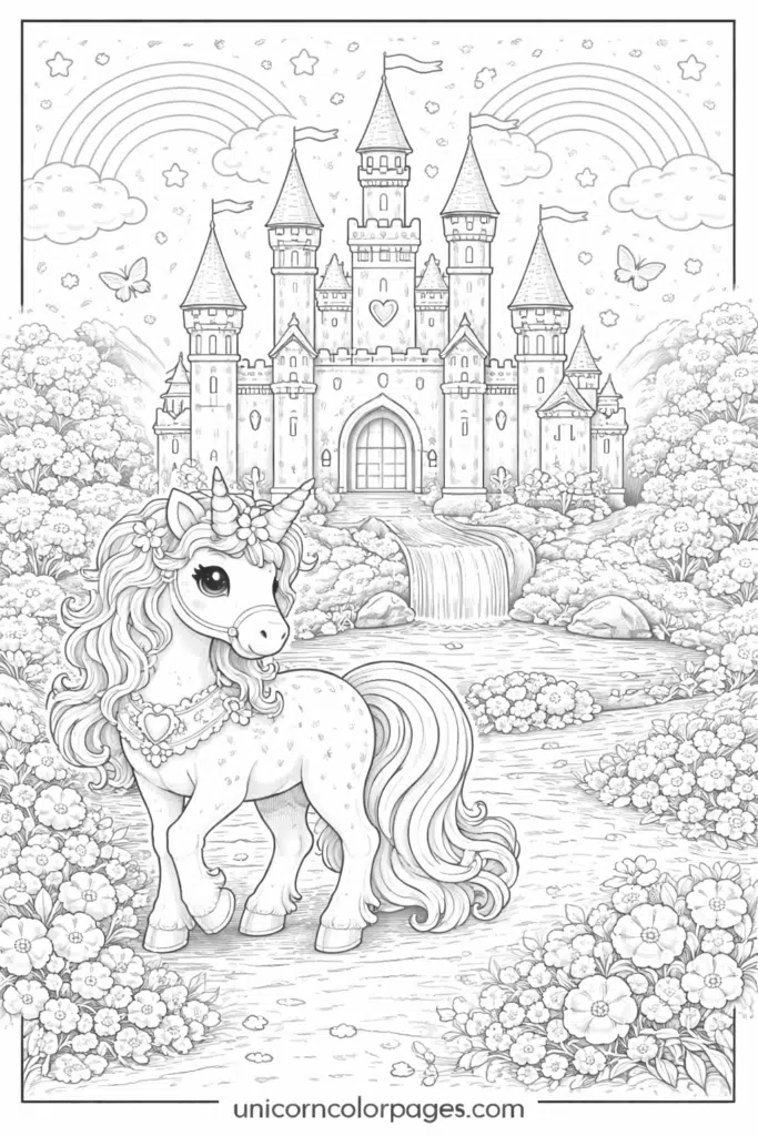 unicorn castle coloring page printable pdf magical unicorn with castle rainbow clouds and fantasy landscape for kids