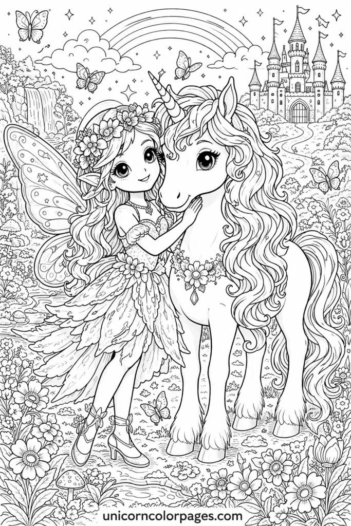 unicorn fairy coloring page printable pdf fairy with wings and unicorn in magical garden with flowers castle rainbow