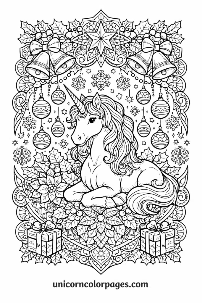 Intricate black-and-white unicorn sitting in a symmetrical Christmas mandala with bells, ornaments, snowflakes, holly, and stars, with “unicorncolorpages.com” below.