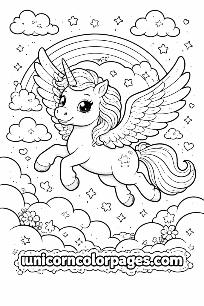 Flying unicorn coloring page with rainbow, clouds, and stars