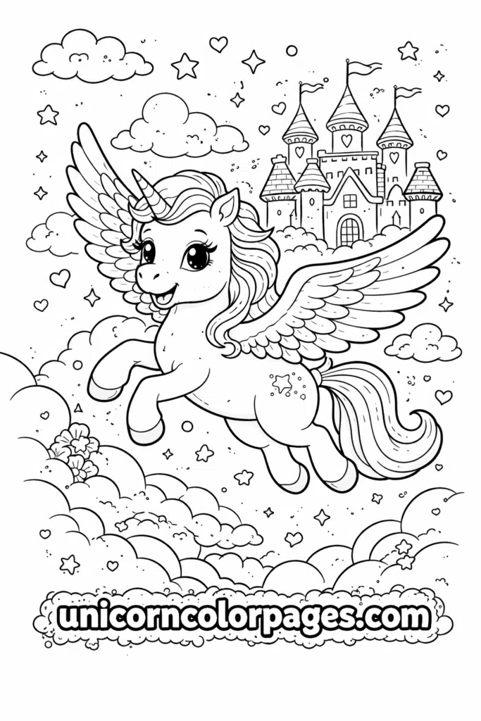 Flying unicorn coloring page with magical castle and clouds
