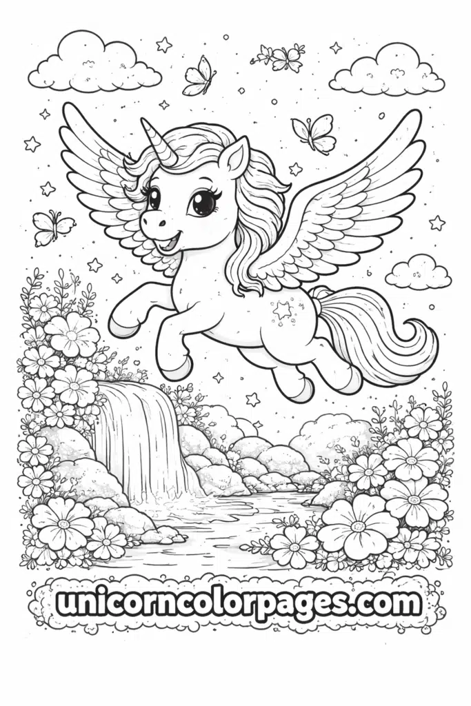 Flying unicorn coloring page with waterfall, flowers, and butterflies