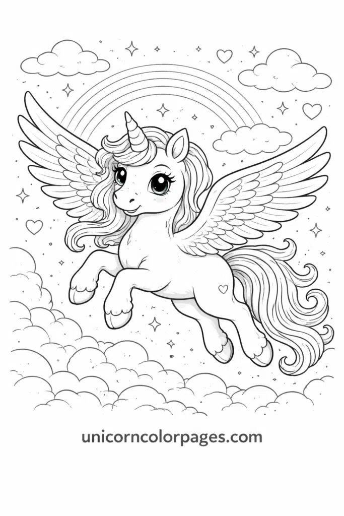 Pegasus unicorn coloring page printable with winged unicorn, stars and clouds for kids
