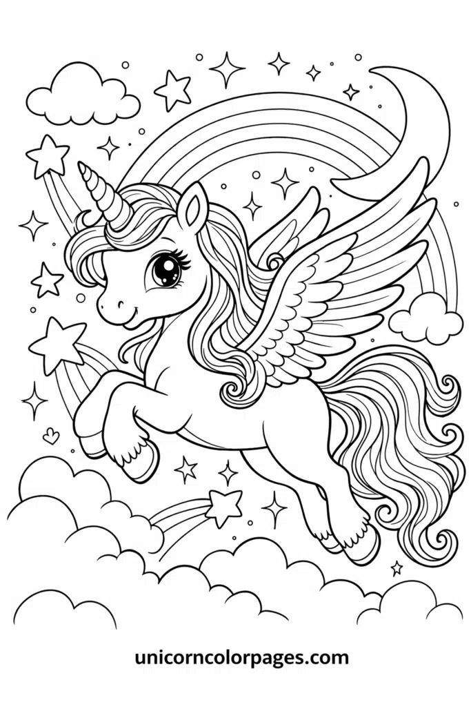 Flying unicorn coloring page printable with winged unicorn in sky, clouds and stars for kids