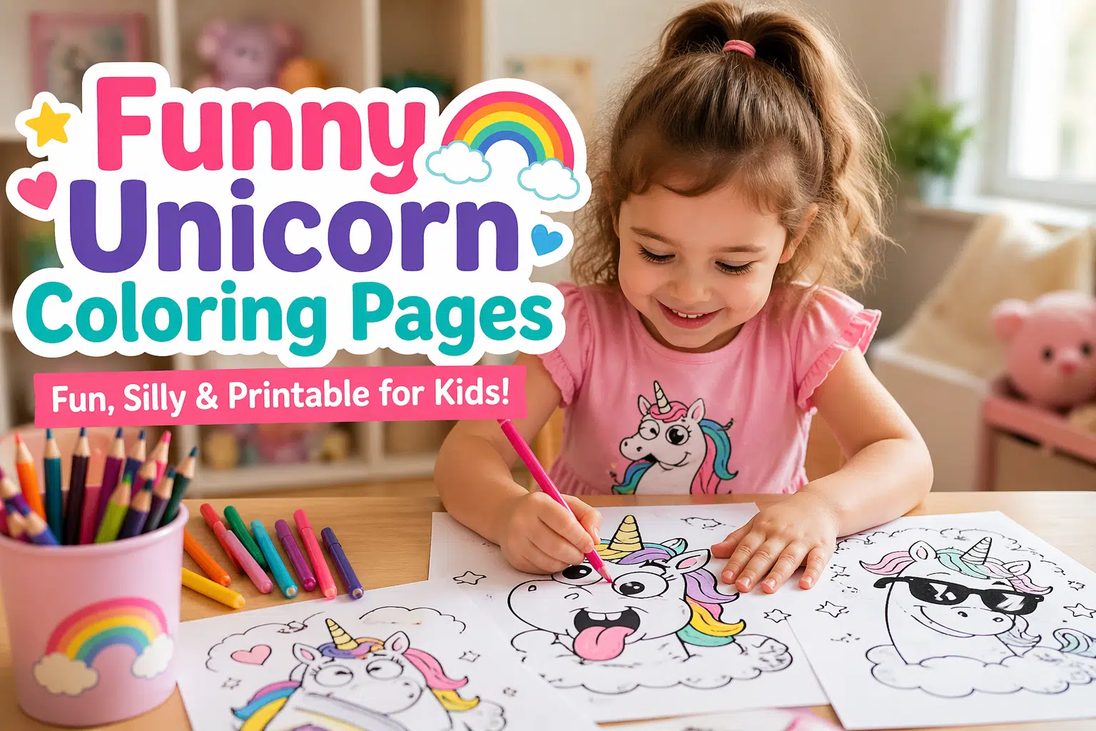 Funny unicorn coloring pages – baby girl coloring a cute silly unicorn printable at home