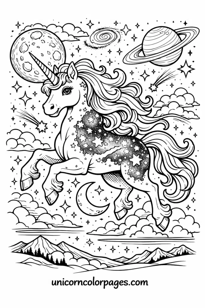 Galaxy unicorn flying among stars and planets coloring page