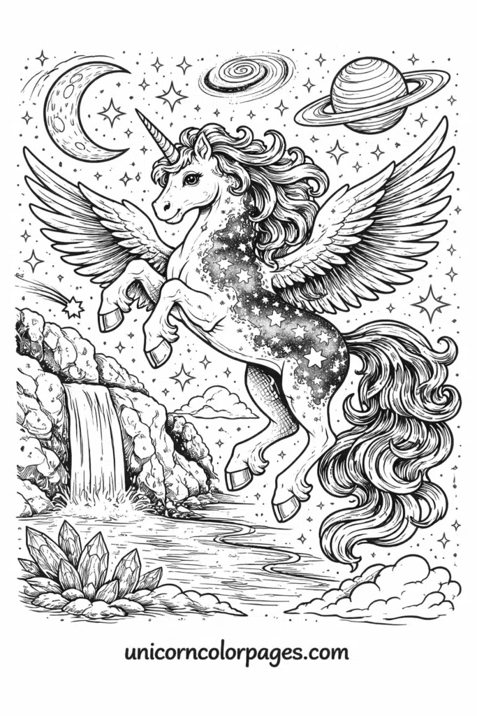 Winged galaxy unicorn with waterfall and planets coloring page