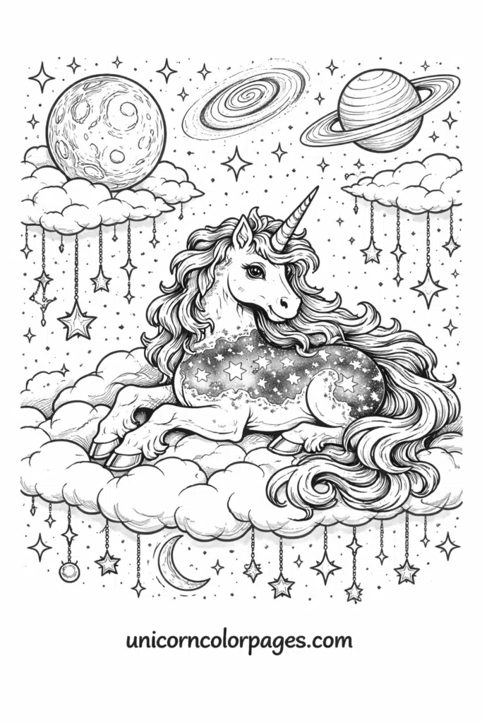 Sleeping galaxy unicorn on cloud with stars coloring page