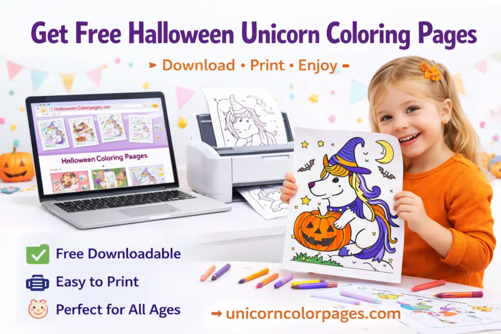 Happy child printing and coloring free Halloween unicorn coloring pages from a website, with icons showing easy download and printing.